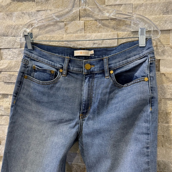 Tory Burch Myers Cropped Ankle Denim Jeans | Fray Hem | Embroidered | Size 28 - Picture 7 of 12